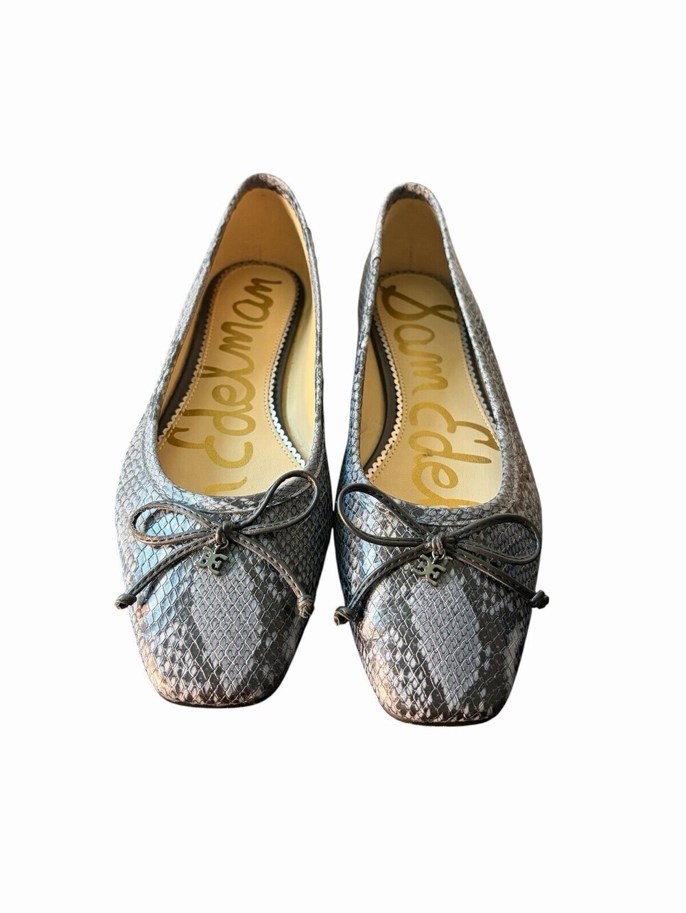 Sam Edelman Women's Gray Snake Print Ballet Flats Bow Slip-On Square Toe US 7.5